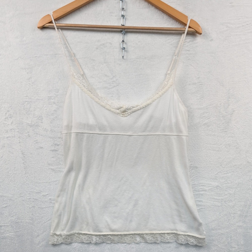 VTG Camisole Women's Large White Coquette Lace Ribbed Dollette Romantic Y2K